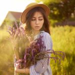 Thumbnail of Portrait of a beautiful girl with a bouquet of lavender  Sunset light and beautiful sensuality