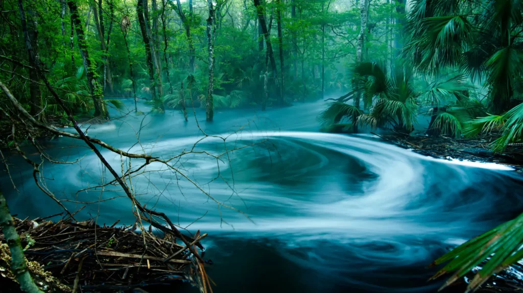 Infrared long exposure of Aucilla Sinks Trail, using a mist diffusion filter to smooth water flow and create ghostly white foliage