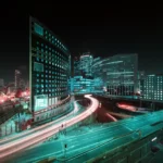 Thumbnail of Futuristic cityscape with neon light trails captured in infrared using a neutral density filter to create a creative long exposure effect